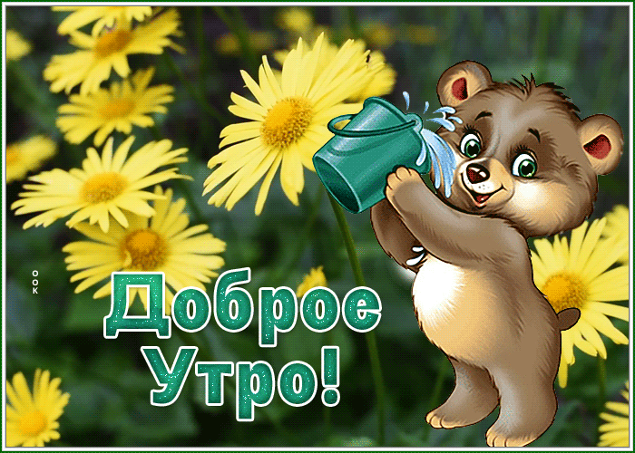 Postcard картинка доброе утро с милым мишкой и цветами