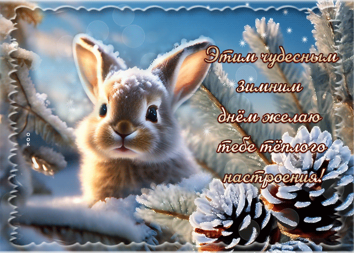 Postcard симпатичная гиф-открытка желает теплого настроения этой зимой